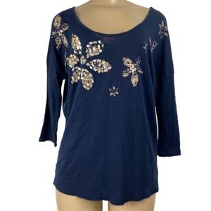 Lucky Brand Navy Blue Beaded Flower Cotton Top NEW